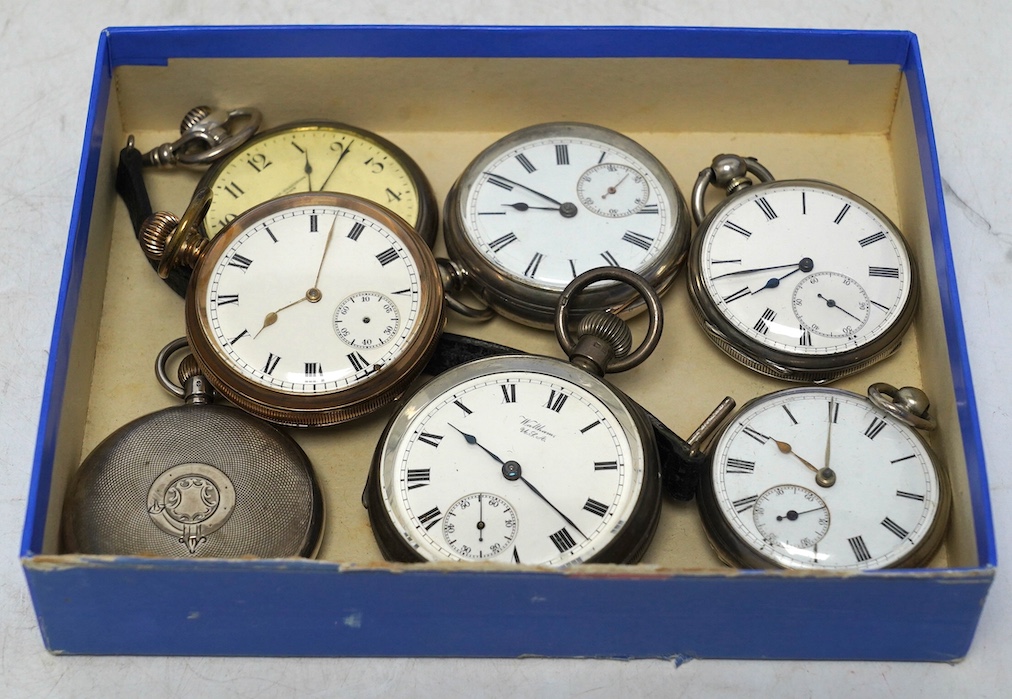 Six assorted open face pocket watches including silver and gold plated and a silver hunter pocket watch. Condition - poor to fair